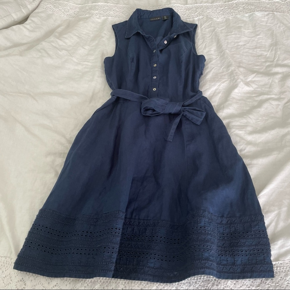 Tahari SZ 2 100% Linen Shirt Dress Navy blue fit flair - Picture 1 of 8